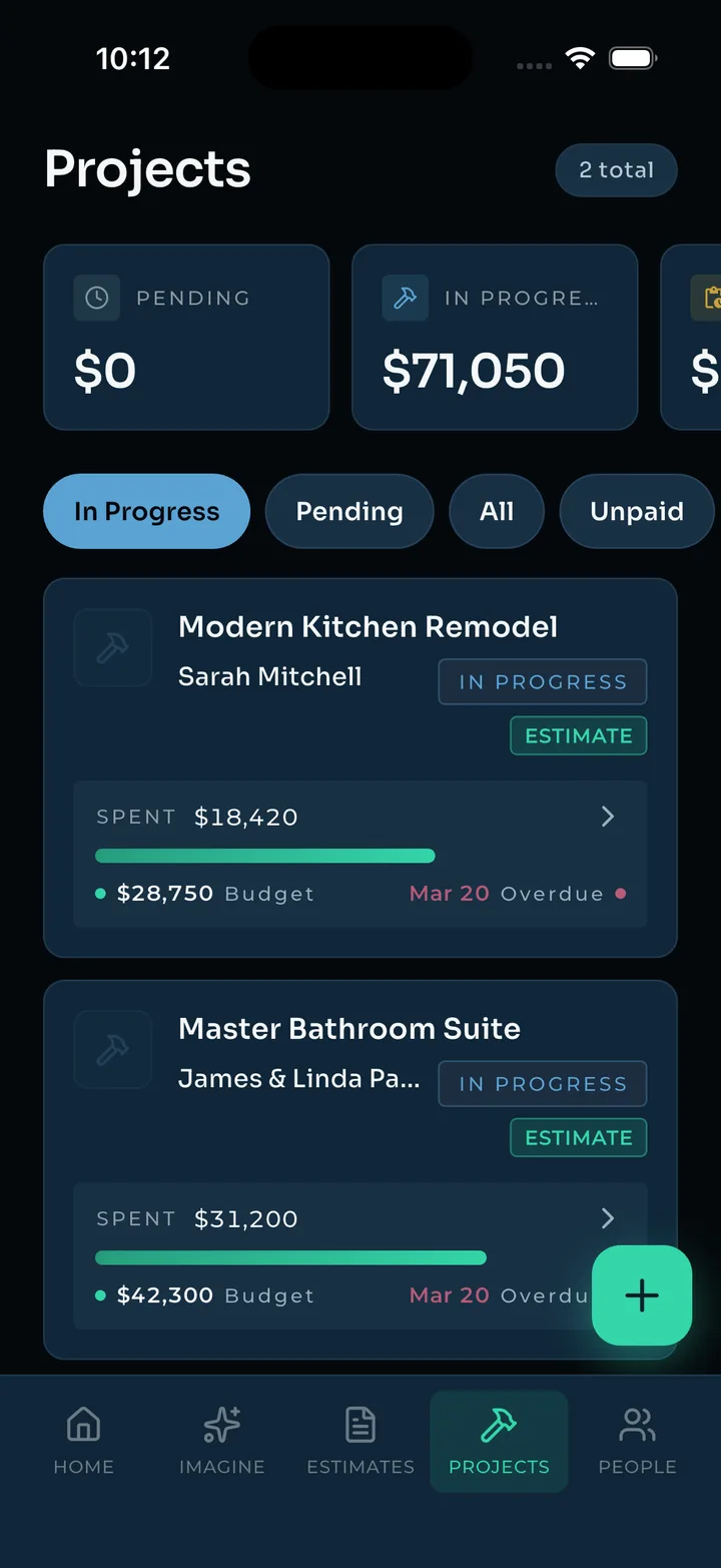 Projects list with spent-vs-budget progress per job