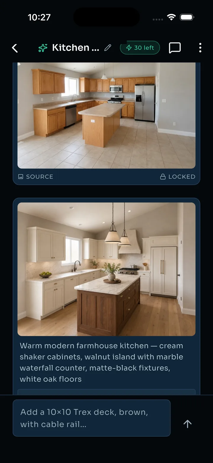 Imagine session — source photo, AI render, and refine-in-chat composer