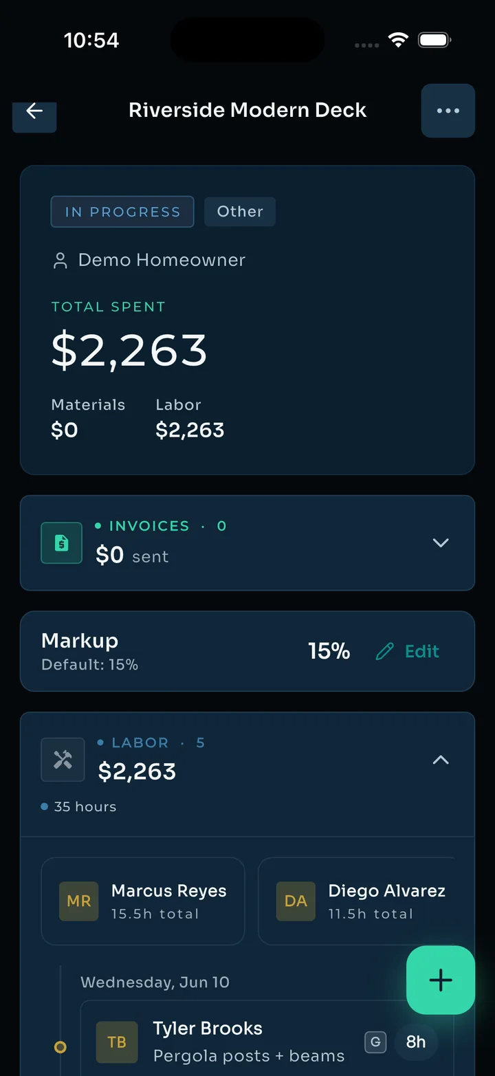 Project labor — 35 crew hours tracked with per-worker totals