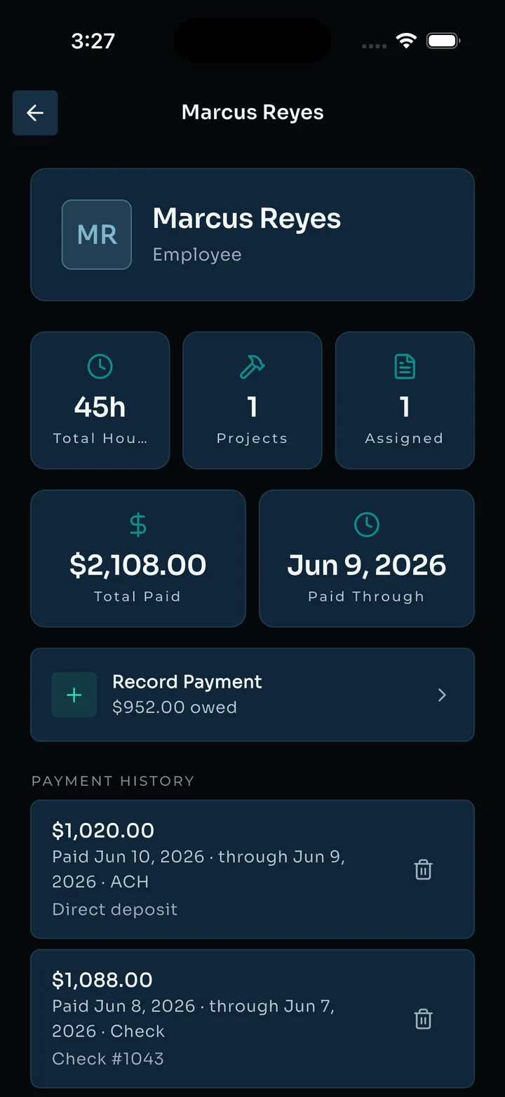 Employee pay — 45 hours, $2,108 paid, paid through Jun 9, payment history