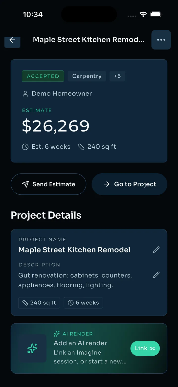 Estimate detail — Maple Street kitchen remodel, $26,269, accepted