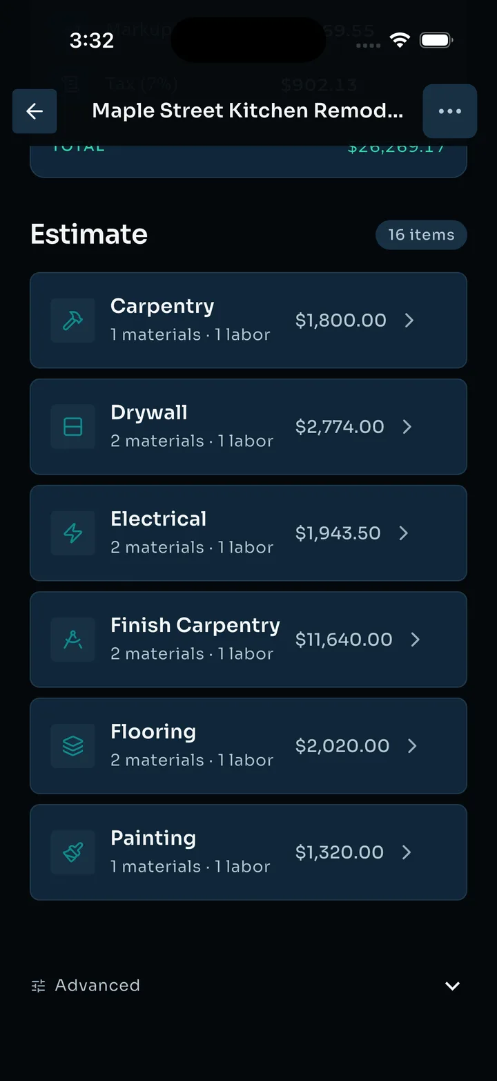 Estimate breakdown — 16 items priced per trade under the $26,269 total